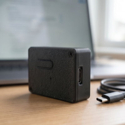 机に置かれたAIRバトラー端末とUSB Type-Cケーブル